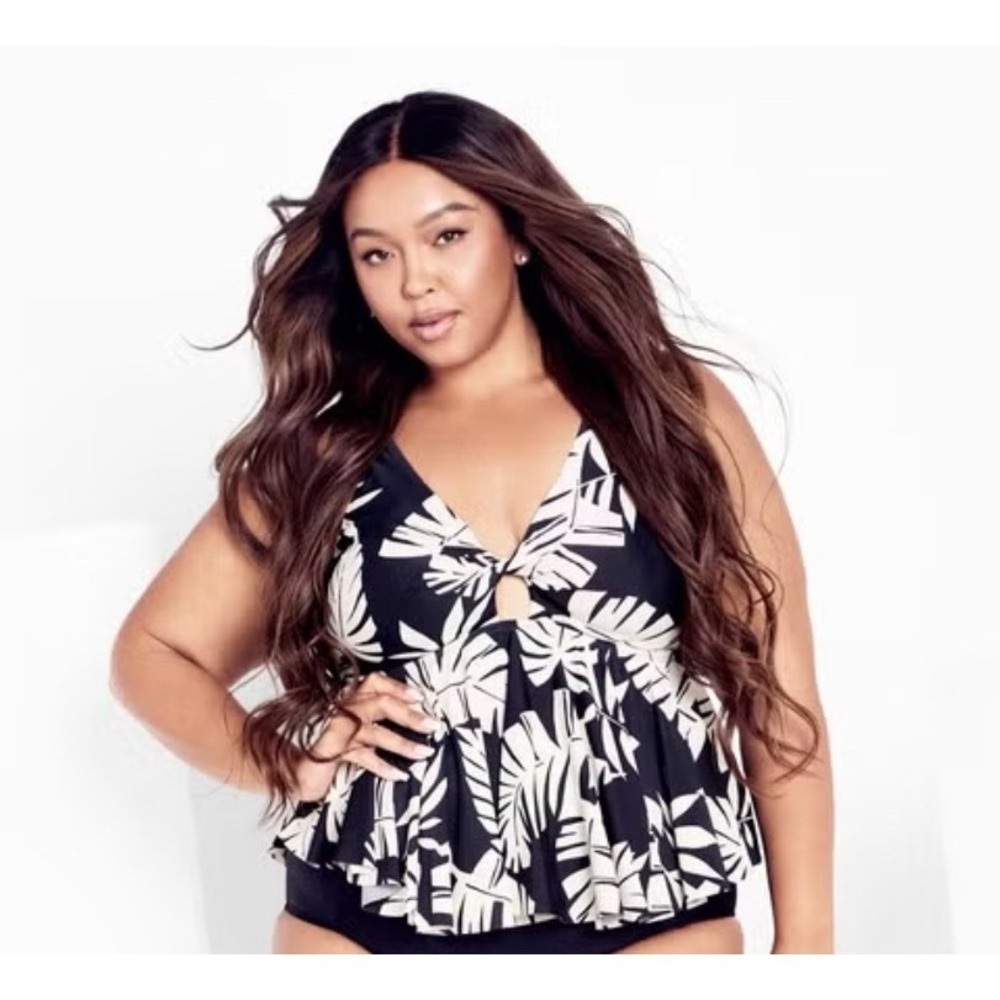 City Chic‎ Palma Tankini Top Black Palm Print Plus Size Swimwear Size XL/22